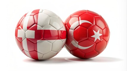 Fototapeta premium Football balls adorned with national flags of Georgia and Turkey rest on a pristine white background, symbolizing international soccer rivalry.