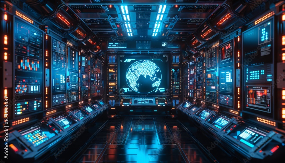 Poster futuristic ai server room with glowing holographic interfaces sleek robotic arms managing data serve