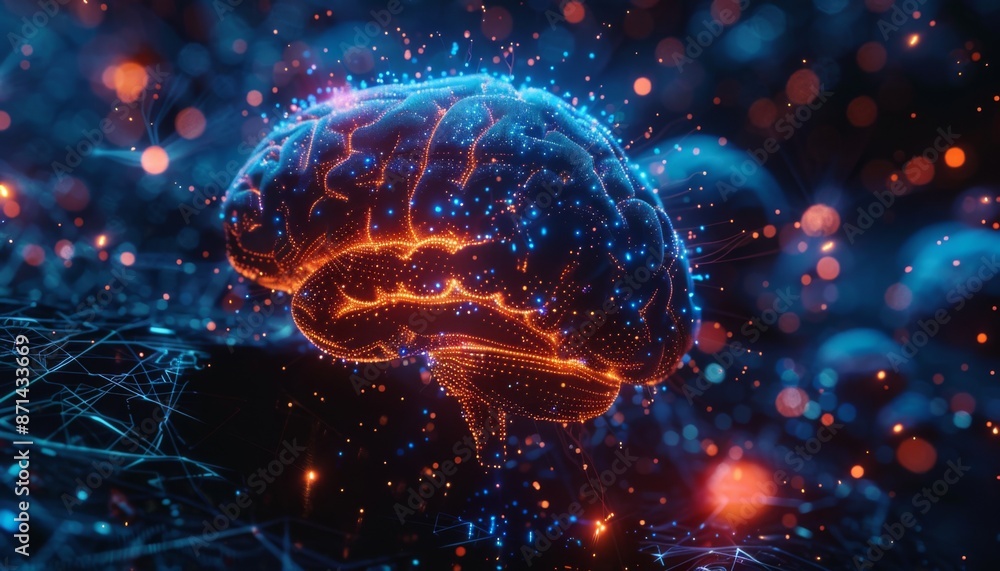 Poster digital human brain with neural connections glowing, surrounded by abstract data streams holographic