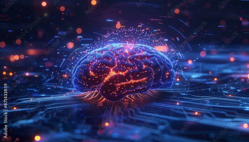 Poster digital human brain with neural connections glowing, surrounded by abstract data streams holographic