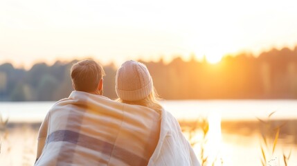Couple wrapped in a blanket watching the sunset over a lake.
