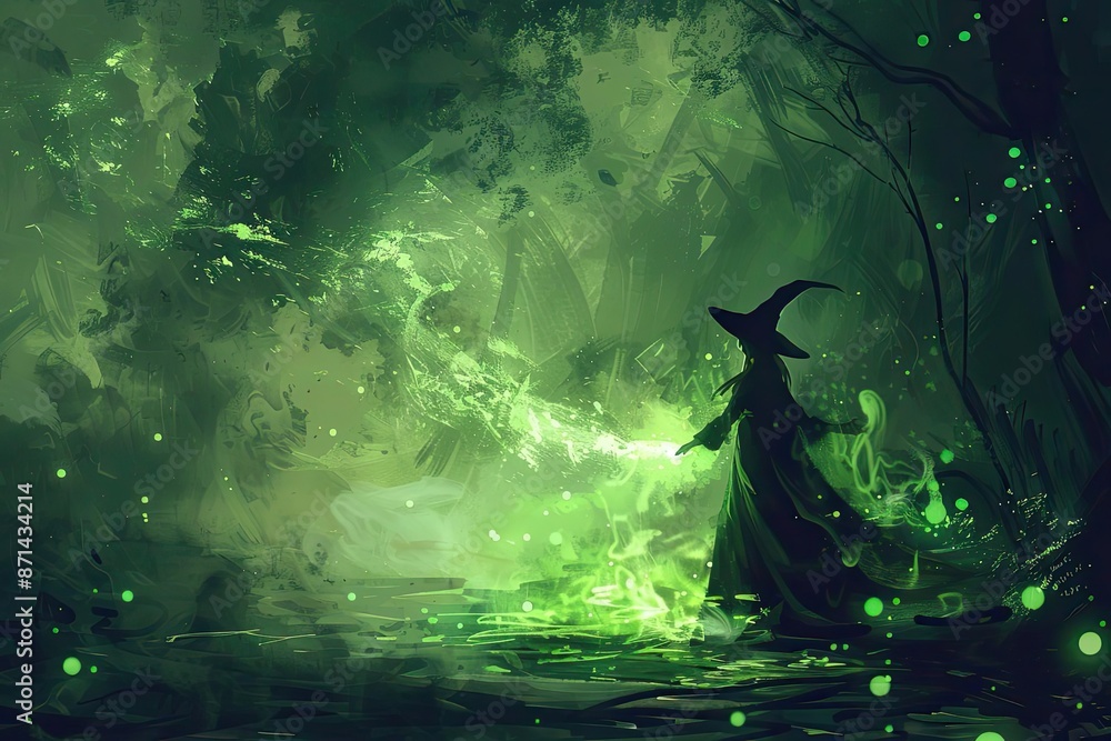 Poster enchanted forest with mystical green light and a mysterious figure casting magic spells in the dark,
