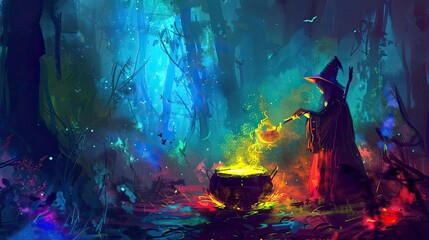 Fototapeta premium Fantasy scene of a witch brewing a potion in a magical forest, vivid colors, glowing cauldron, mystical atmosphere, and enchanting lights.