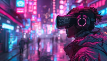 virtual reality gamer immersed in a vibrant digital landscape, with holographic UI elements and neon lighting