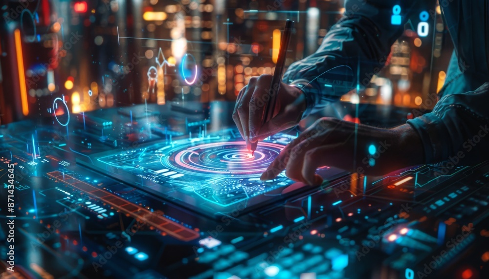 Poster digital artist creating a masterpiece on a holographic tablet surrounded by floating ai tools