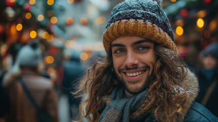 Man and woman through a crowded city market, both smiling as their paths intertwine