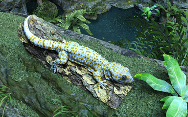 3d illustration of Tokay gecko climbing tree. A baby tokay gecko is climbing on a tree.