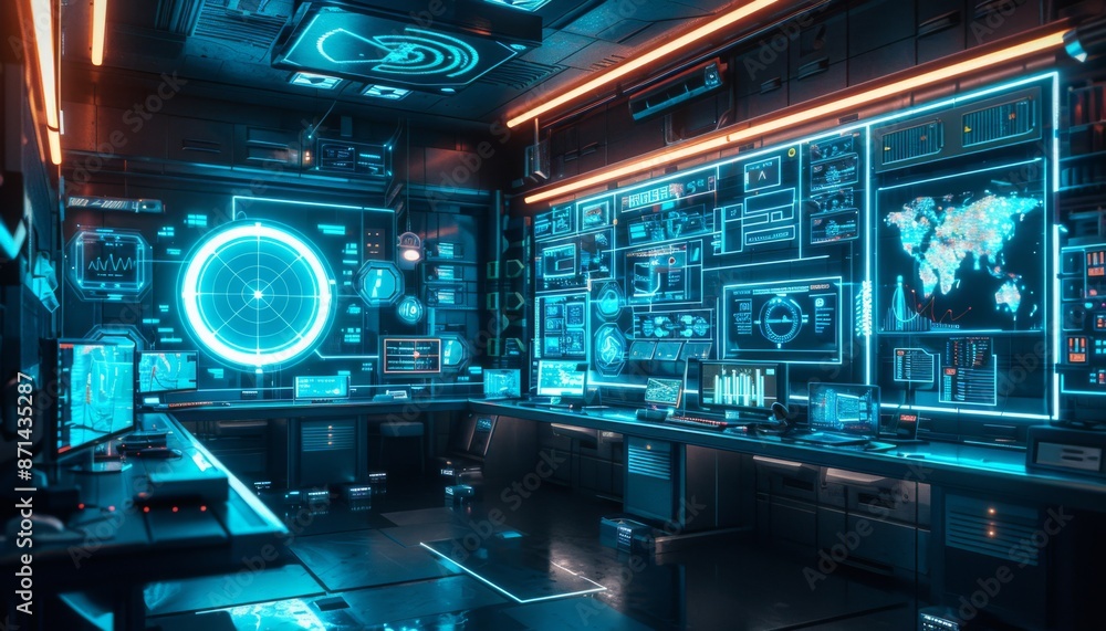 Aufkleber a futuristic ai powered workspace with holographic screens and automated devices, minimalistic desig