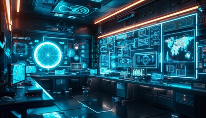 A futuristic AI powered workspace with holographic screens and automated devices, minimalistic design, Blue neon highlights, Sleek and modern