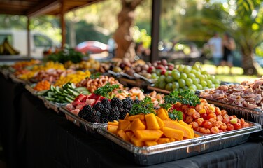 Colorful Fresh Fruit and Vegetable Buffet Display at an Outdoor Event with Natural Light