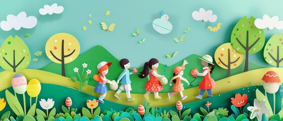 Trendy art paper collage design of children searching for Easter eggs in a lush green park