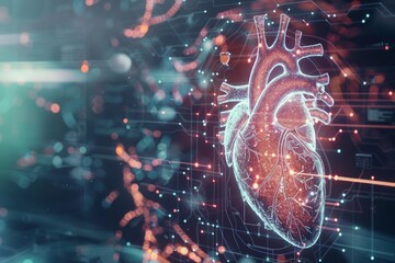 A closeup of cardiovascular system anatomy with Glow HUD big Icon of heart function