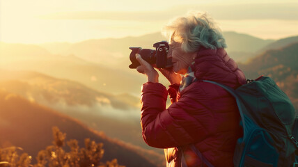 Fototapeta premium A senior woman takes a photograph on a mountain, capturing the beauty of nature