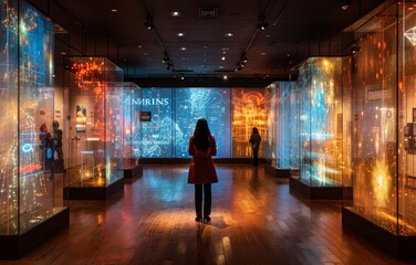 Naklejka premium Futuristic Exhibition Hall with Interactive Digital Displays and Holographic Projections