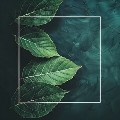 Nature concept. Layout with texture a green leaf close-up. Background with Leaves vintage dark green color and white frame