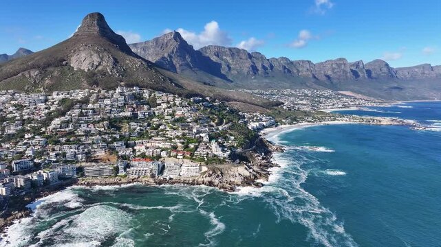 Camps Bay Beach At Cape Town In Western Cape South Africa. Table Mountain Landmark. Downtown Buildings. Cape Town At Western Cape South Africa. Tourism Travel. Coast City Skyline.