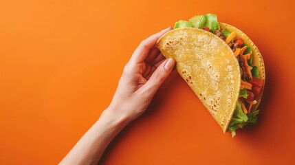 A human hand holding a taco filled with seasoned meat, cheese, and lettuce, against a backdrop of a festive Mexican celebration with blurry decorations