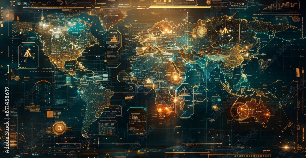 Poster high tech world map, futuristic, metallic colors, 3d rendering, showing holographic data points and 