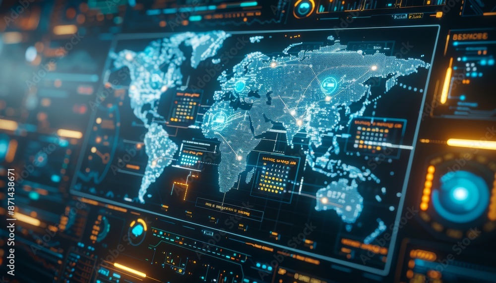 Poster high tech world map, futuristic, metallic colors, 3d rendering, showing holographic data points and 