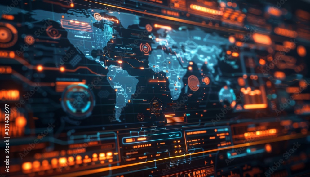 Poster high tech world map, futuristic, metallic colors, 3d rendering, showing holographic data points and 