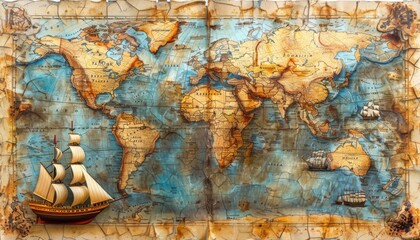Vintage world map, historical, faded colors, oil painting, detailed depiction of ancient trade routes and explorer ships