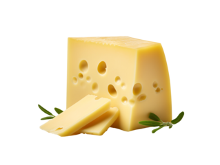 a block of cheese with holes and slices of cheese