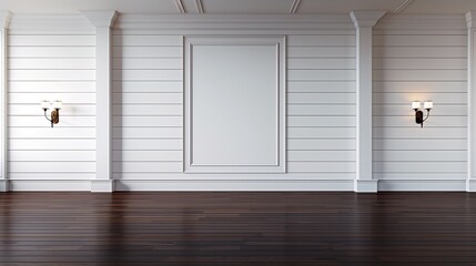Obraz premium A sophisticated wedding venue with a white shiplap wall, a dark walnut floor, and a prominent open space for text in the middle, highlighted by elegant sconces.