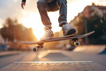 Obraz premium young boy performs an impressive skateboard jump at a skatepark during a beautiful sunset. The golden light illuminates his energetic movement,