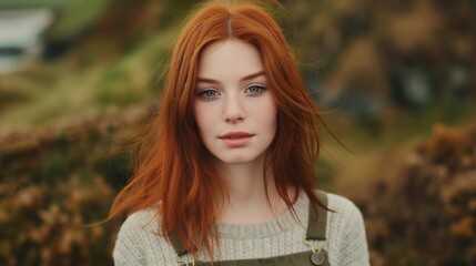 Fototapeta premium portrait of a young red hair woman with fair skin, looking directly at the camera, wearing a gray tank top with overalls, outdoor background natural setting