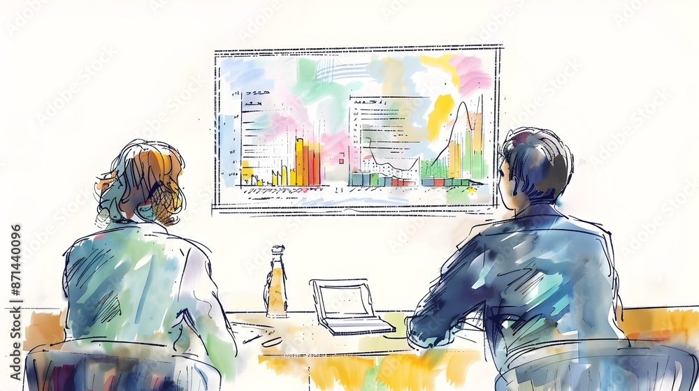 Poster business meeting with data visualization on screen in office workspace