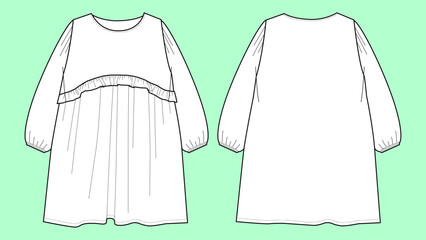 Girls long sleeve with frill dress fashion flat sketch vector.  