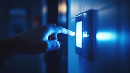 Close up of a finger turning on a light switch on a blue dark wall