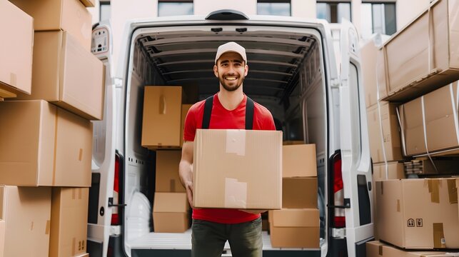 Happy manual worker unloading cardboard boxes from delivery van. 