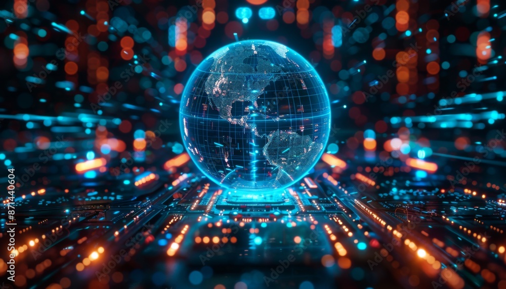 Poster ai robot analyzing a digital holographic globe futuristic neon blue 3d rendering