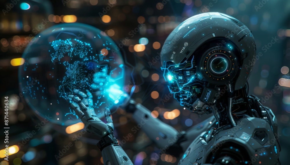 Poster ai robot analyzing a digital holographic globe futuristic neon blue 3d rendering