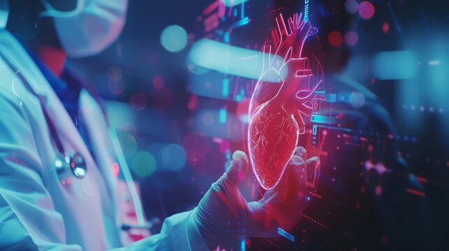 Closeup half body of a physician monitoring cardiovascular health with Glow HUD big Icon of cholesterol levels