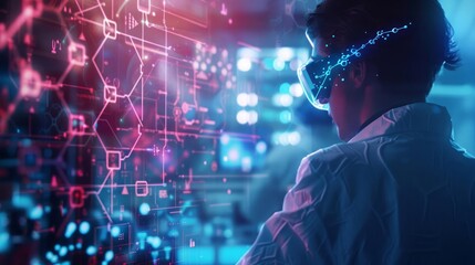 Closeup half body of a scientist studying endocrine disruptors with Glow HUD big Icon of hormone receptors