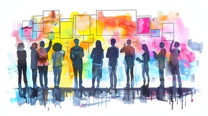 Obraz premium Vibrant Watercolor Brainstorming Session with Team and Sticky Notes