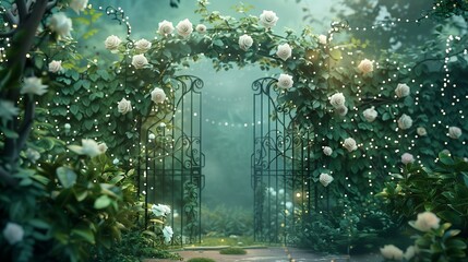 A whimsical garden wedding backdrop with a wrought iron gate entwined with white climbing roses and ivy, set against a backdrop of lush greenery and fairy lights.