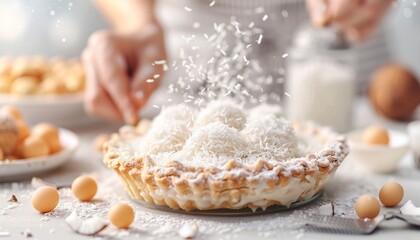 Fototapeta premium A beautiful homemade pie being decorated with powdered sugar in a cozy kitchen setting. Fresh ingredients surround the pie.