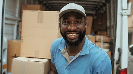 Happy manual worker unloading cardboard boxes from delivery van. 