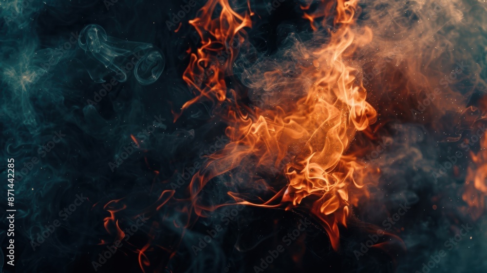 Poster a mesmerizing mix of fiery orange and blue smoke creating a dynamic abstract pattern against a dark 