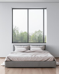 Luxurious master bedroom with a big window filling the room with natural light. Luxury residential real estate composition in neutral colors.
