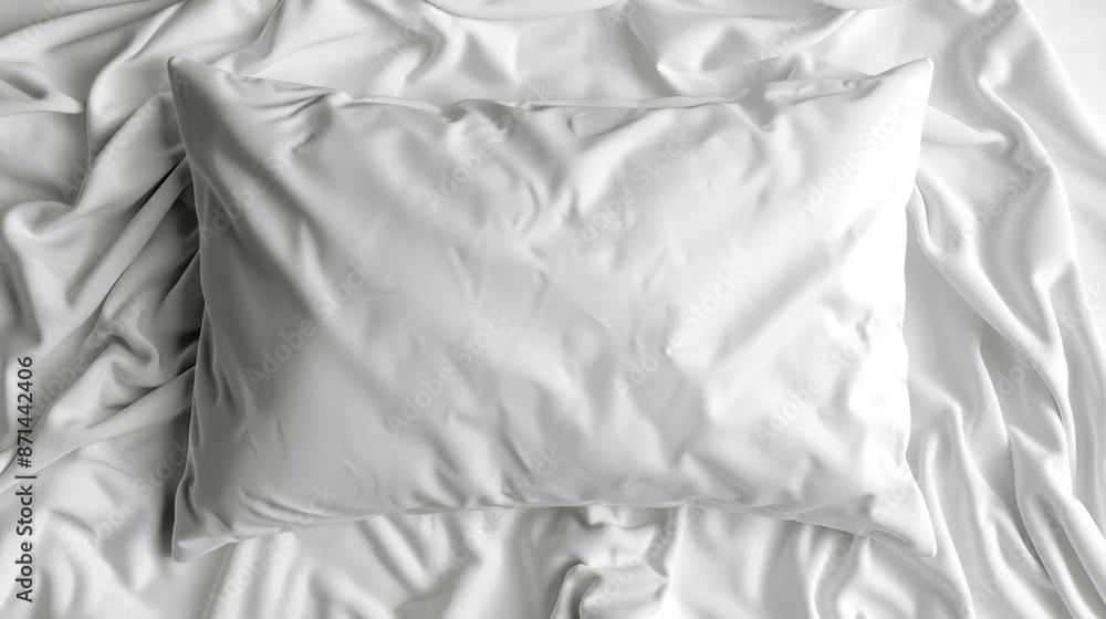 Poster a soft white pillow resting on crumpled white bedsheets, creating a serene and inviting atmosphere f
