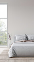 Luxurious master bedroom with a big window filling the room with natural light. Luxury residential real estate composition in neutral colors.