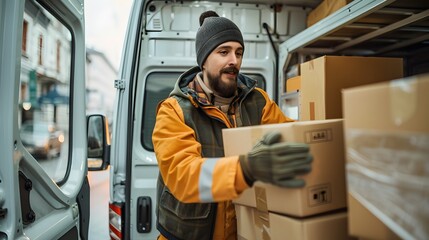 Happy manual worker unloading cardboard boxes from delivery van. 