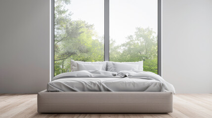 Luxurious master bedroom with a big window filling the room with natural light. Luxury residential real estate composition in neutral colors.