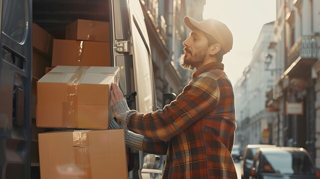 Happy manual worker unloading cardboard boxes from delivery van. 