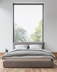 Luxurious master bedroom with a big window filling the room with natural light. Luxury residential real estate composition in neutral colors.