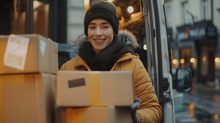 Happy manual worker unloading cardboard boxes from delivery van. 